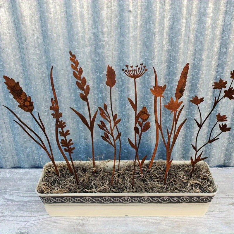 Rustic Metal Wildflower Stems, 12-Piece 30 cm Botanical Set for Vases, Planters and Garden Beds