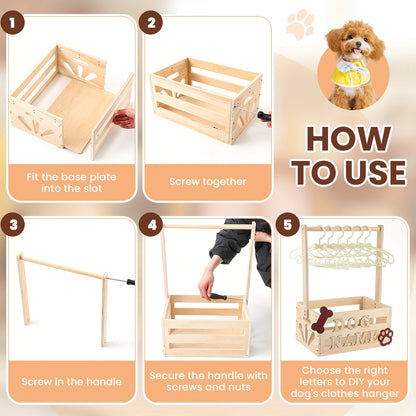 Wooden Pet Wardrobe Storage Box 20"x13"x9" – Dog & Cat Toy Organizer with Hanging Pole & PET Letters | Easy Assemble Basket for Pet