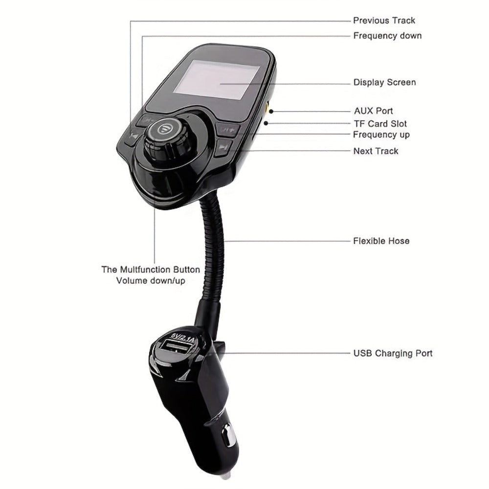 Flexible-Neck Car FM Transmitter with 1.44-Inch Display, Dual USB Ports, AUX Jack and Rotary Control