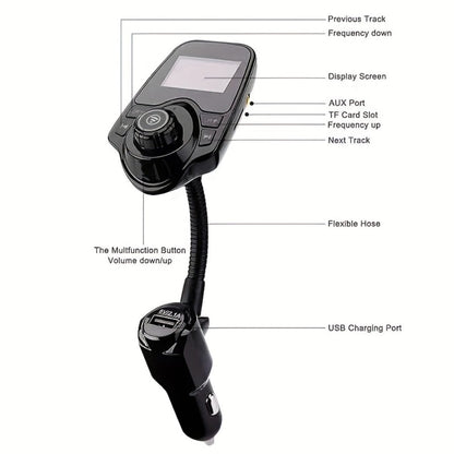 Flexible-Neck Car FM Transmitter with 1.44-Inch Display, Dual USB Ports, AUX Jack and Rotary Control