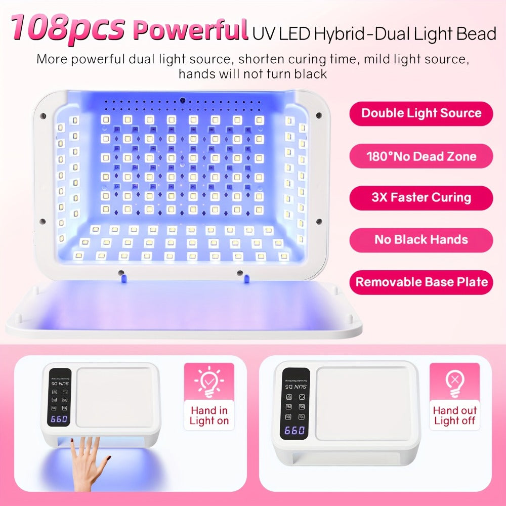 Sun-D5 Dual-Hand UV/LED Nail Lamp with 108-Bead Label, Removable Base, LCD and Four Timers