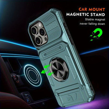 iPhone Card Slot Shockproof Case with Ring Holder & Kickstand – Wallet Phone Cover for iPhone 17 17 Air 17 Pro Max 16 15 14 13 12 11 Pro Max