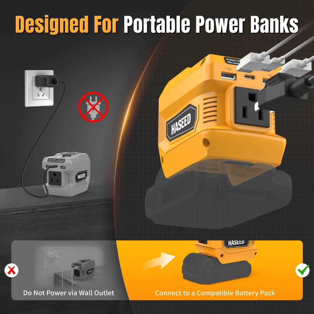 Portable Power Inverter 200W – DeWalt 20V Battery Compatible, DC to AC 110V, 2 USB + Type-C Fast Charging, 400LM Work Light, for Car