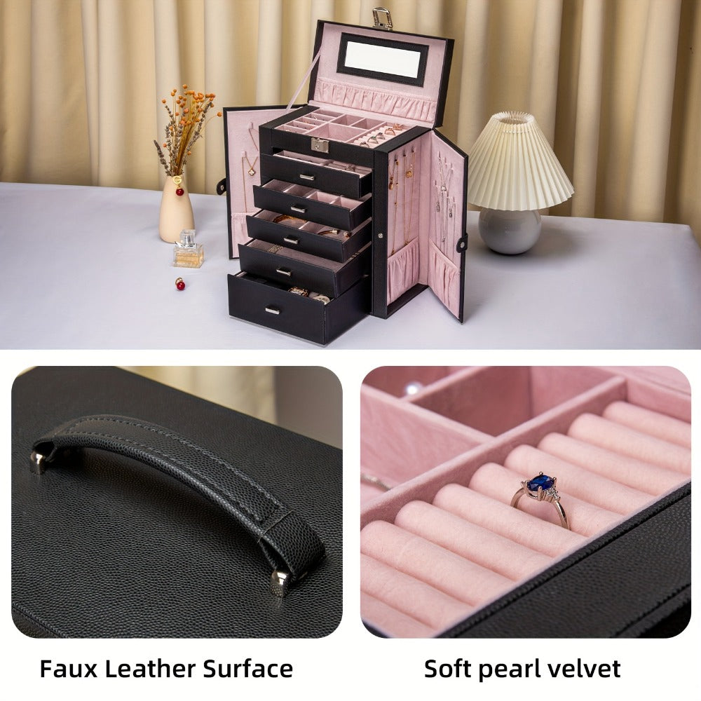 Jewelry Organizer 6-Tier Brown Storage Box with 5 Drawers, Built-In Mirror and Key-Lock Closure