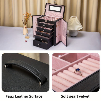 Jewelry Organizer 6-Tier Brown Storage Box with 5 Drawers, Built-In Mirror and Key-Lock Closure
