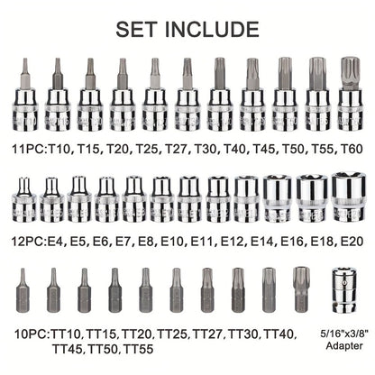 Torx Star Bit Socket Set 34/46-Piece – 3/8" Drive CR-V E-Socket E4-E20, T10-T60, Tamper-Proof TT10-TT55, S2 Steel, 5/16"F to 3/8"M Adapter