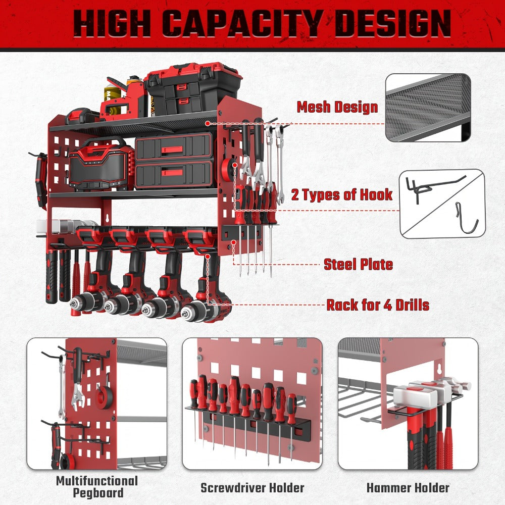 Power Drill Holder Wall Mount, Tool Storage Rack with 3/4 Layer Floating Shelf, Cordless Drill Organizer