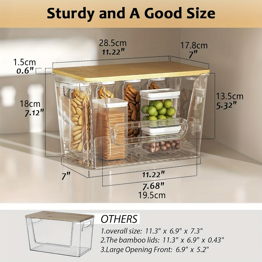 Two-Pack Clear Stackable Pantry Storage Bins with Bamboo Tops, Front Openings and Side Handles