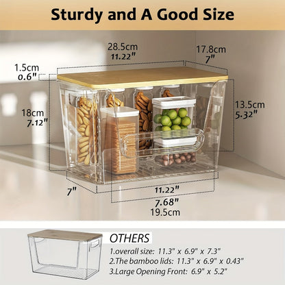 Two-Pack Clear Stackable Pantry Storage Bins with Bamboo Tops, Front Openings and Side Handles