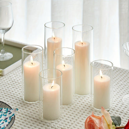Pillar Candles with Clear Glass Hurricane Holders, Unscented White Cylinder Candles & Vases for Wedding Centerpieces