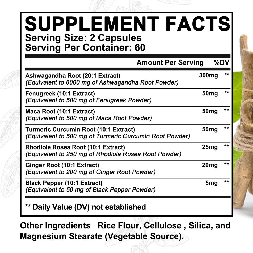 Ashwagandha Capsules 7-in-1 Adaptogen Blend 120ct with Maca Root Rhodiola Rosea Ginseng for Bath Time, Home Spa and Personal Care