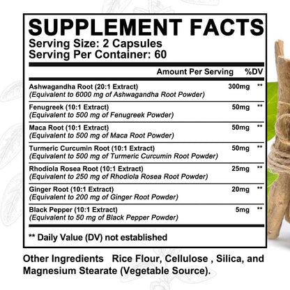 Ashwagandha Capsules 7-in-1 Adaptogen Blend 120ct with Maca Root Rhodiola Rosea Ginseng for Bath Time, Home Spa and Personal Care