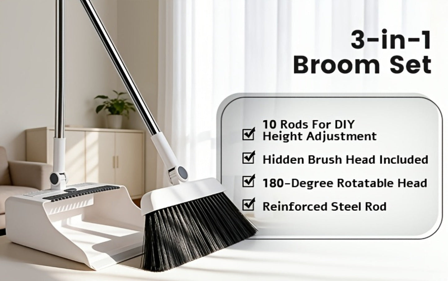 Broom and Dustpan Set with Long Handle - 2-in-1 3-in-1 4-in-1 Foldable Broom Dustpan Combo with Floor Brush for Home Office Dorm Room