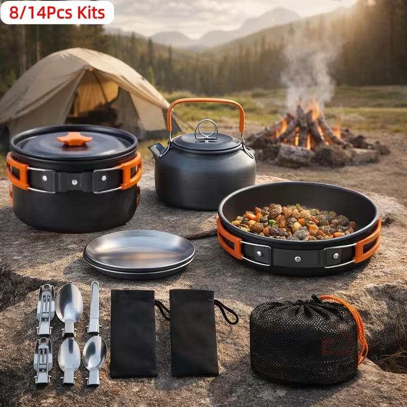 Camping Cookware Set, 8- or 14-Piece Coated Aluminum Mess Kit with Pot, Pan, Kettle, Plates and Flatware