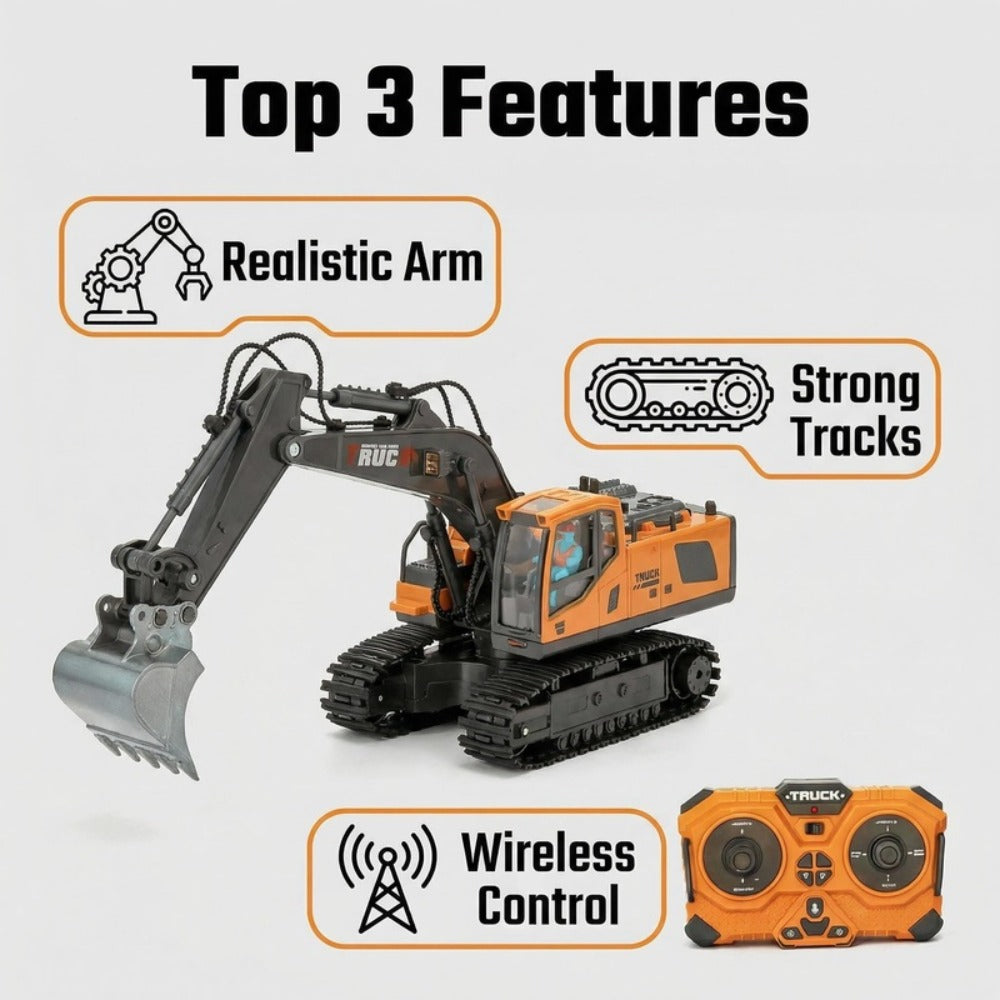 RC Excavator Toy 1:24 Scale 2.4GHz 9-Channel Remote Control with Alloy Metal Cap Lights & Sound Rechargeable Battery