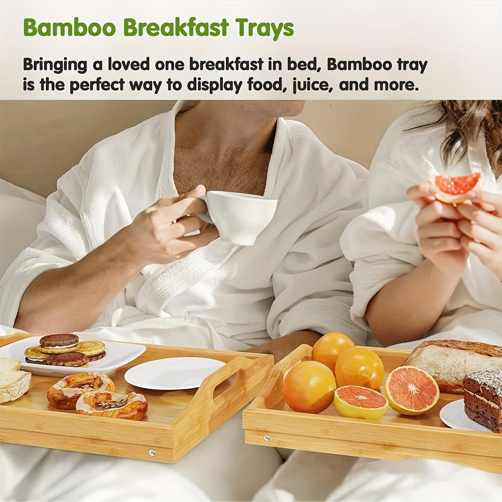 Bamboo Breakfast Tray with Folding Legs & Handles 2 Pack, Extra Wide Foldable Bed Tray Table for Eating