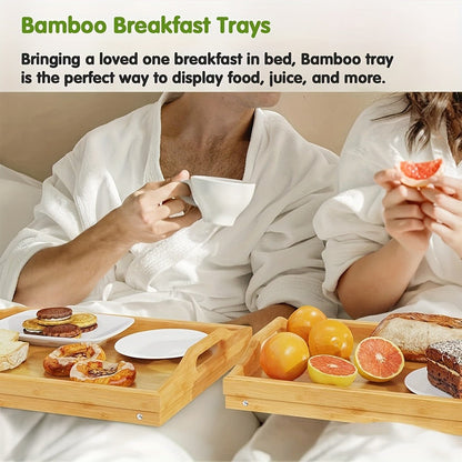 Bamboo Breakfast Tray with Folding Legs & Handles 2 Pack, Extra Wide Foldable Bed Tray Table for Eating