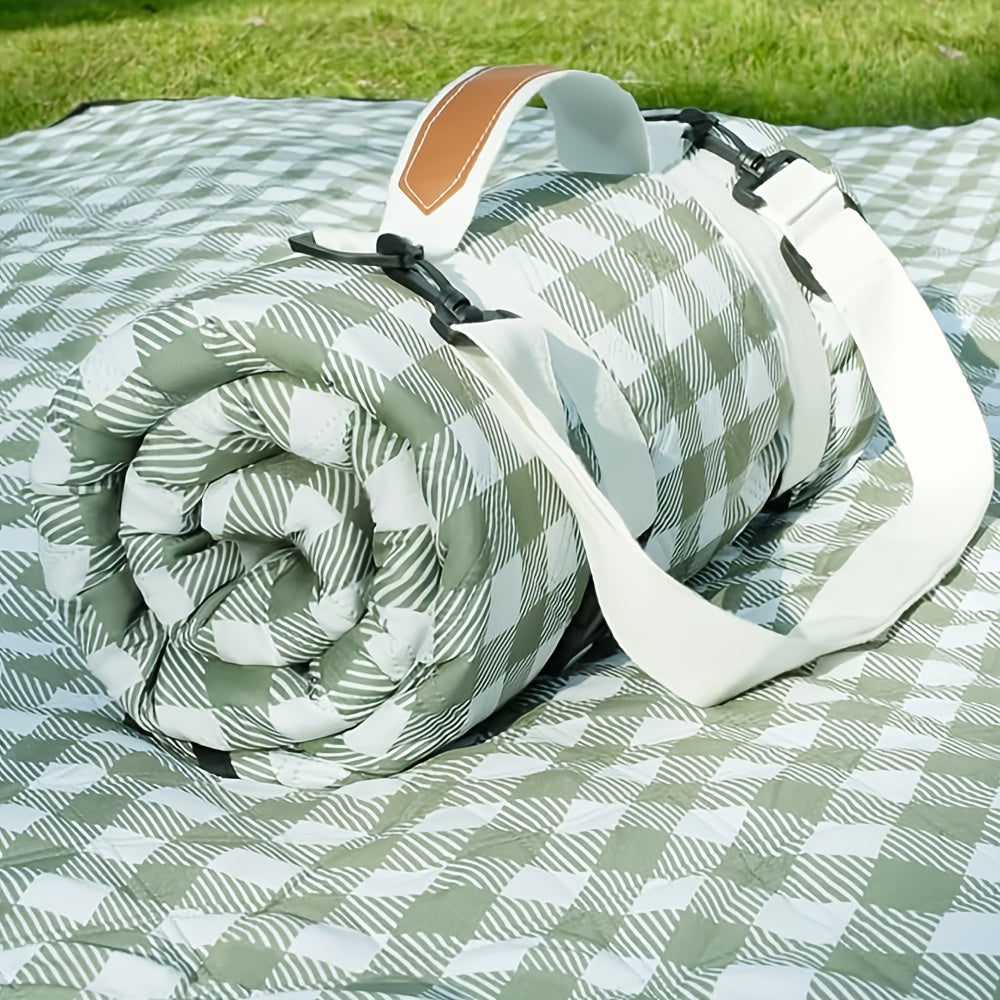 Green Plaid Roll-Up Picnic Blanket with Padded Layers and Carry Straps, 80 x 80in Outdoor Mat