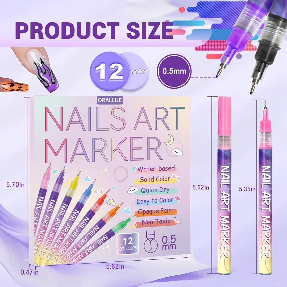 Nail Art Pens 12-Piece Water-Based Marker Set with 0.5mm Fine Tips for Lines and Small Decorative Details