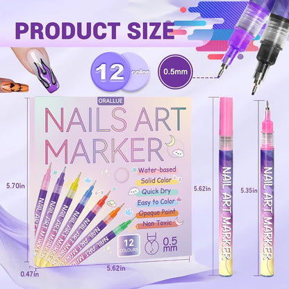 Nail Art Pens 12-Piece Water-Based Marker Set with 0.5mm Fine Tips for Lines and Small Decorative Details