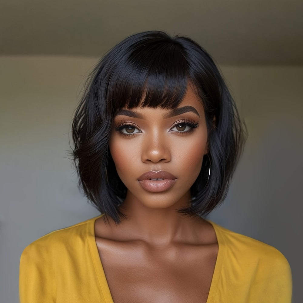 Pixie Bob Human Hair Wig with Bangs, Natural Black Full-Cap Hair Style and Short 8-Inch Length