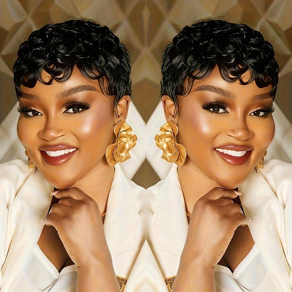 Wig Short Curly Pixie Bob in Natural Black, 6-Inch Human Hair with Bangs and Machine-Made Glueless Cap
