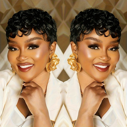 Wig Short Curly Pixie Bob in Natural Black, 6-Inch Human Hair with Bangs and Machine-Made Glueless Cap