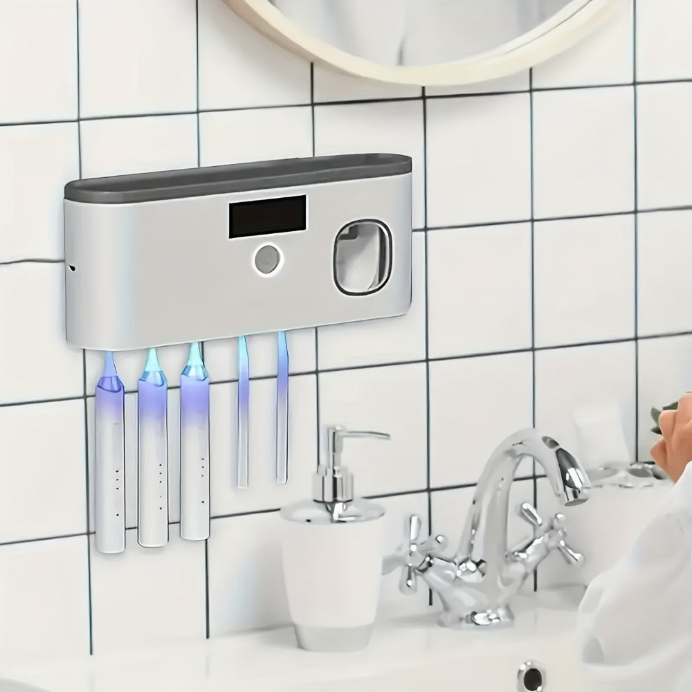 Wall-Mounted Toothbrush Organizer with Four Hanging Slots, Top Tray, Dispensing Port and Two Color Styles