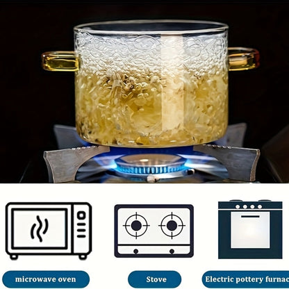 Borosilicate Glass Pot with Lid 50oz Stovetop & Microwave Safe – Double Heat-Resistant Handles for Soup, Milk & Porridge | Transparent Glass