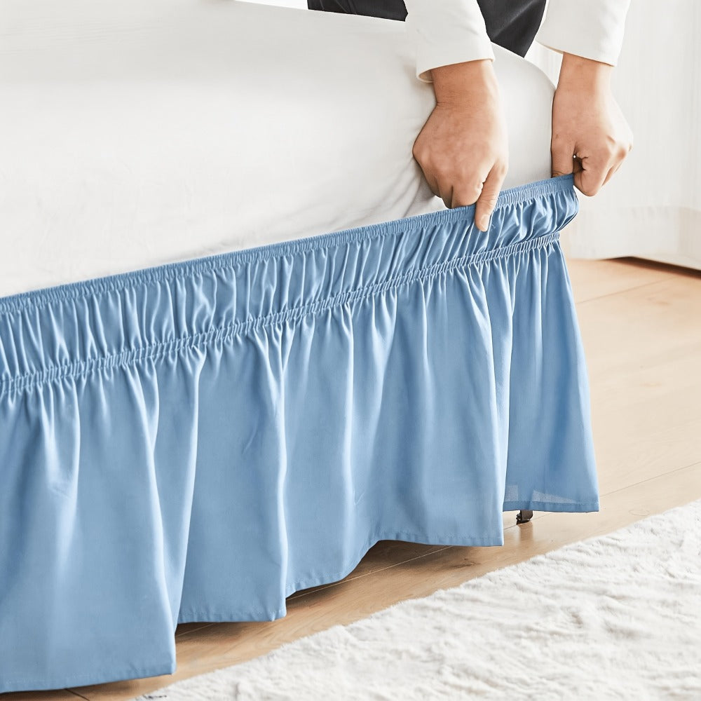 Bed Skirt Elastic Wrap Around Ruffle – 15 Inch Drop Microfiber Dust Ruffle, Adjustable No-Lift Fit, Fade Resistant Machine Washable