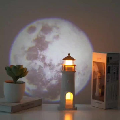 Moon Lighthouse Projector Night Light, Motion Sensor LED Lamp with USB Charging, Always-On Mode, Moonlight Ocean Projection