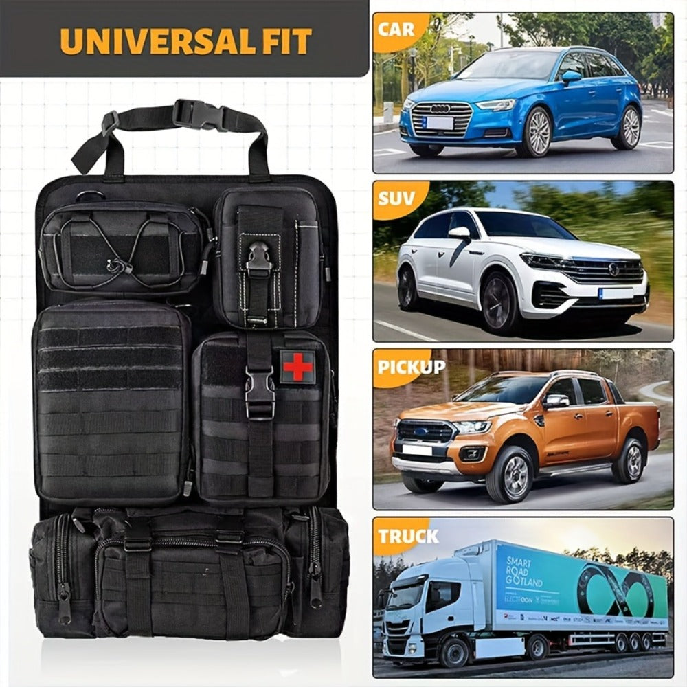 Black MOLLE-Style Seatback Car Organizer Panel with Five Detachable Pouches and Six Keychains