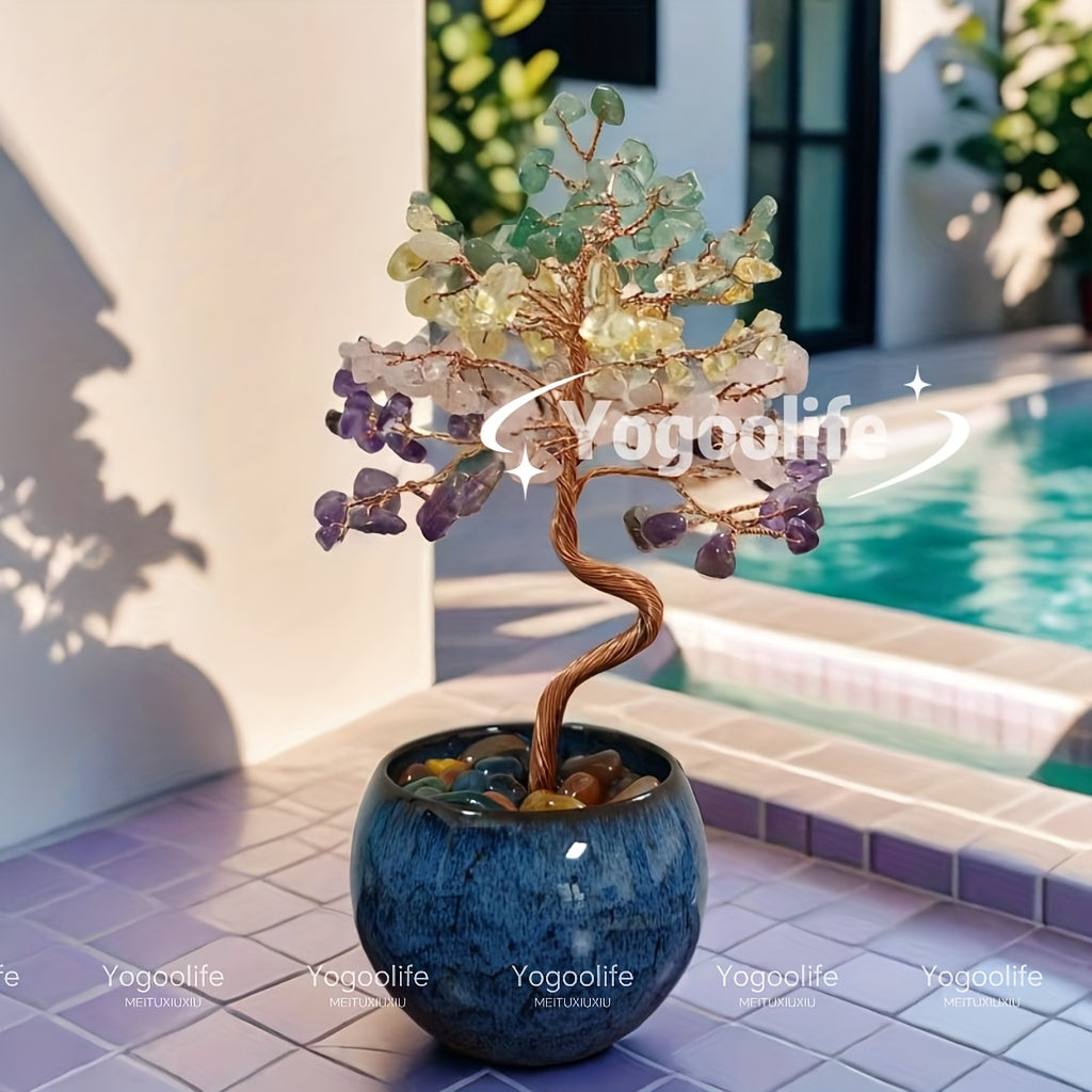 Natural Crystal Gemstone Tree with Ceramic Base 7 Inch Handmade Healing Stone Bonsai Tree for Entryways, Bedrooms and Living Spaces