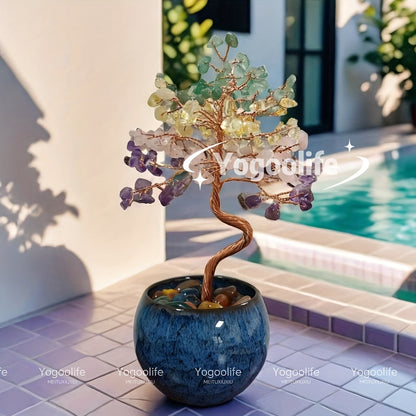 Natural Crystal Gemstone Tree with Ceramic Base 7 Inch Handmade Healing Stone Bonsai Tree for Entryways, Bedrooms and Living Spaces