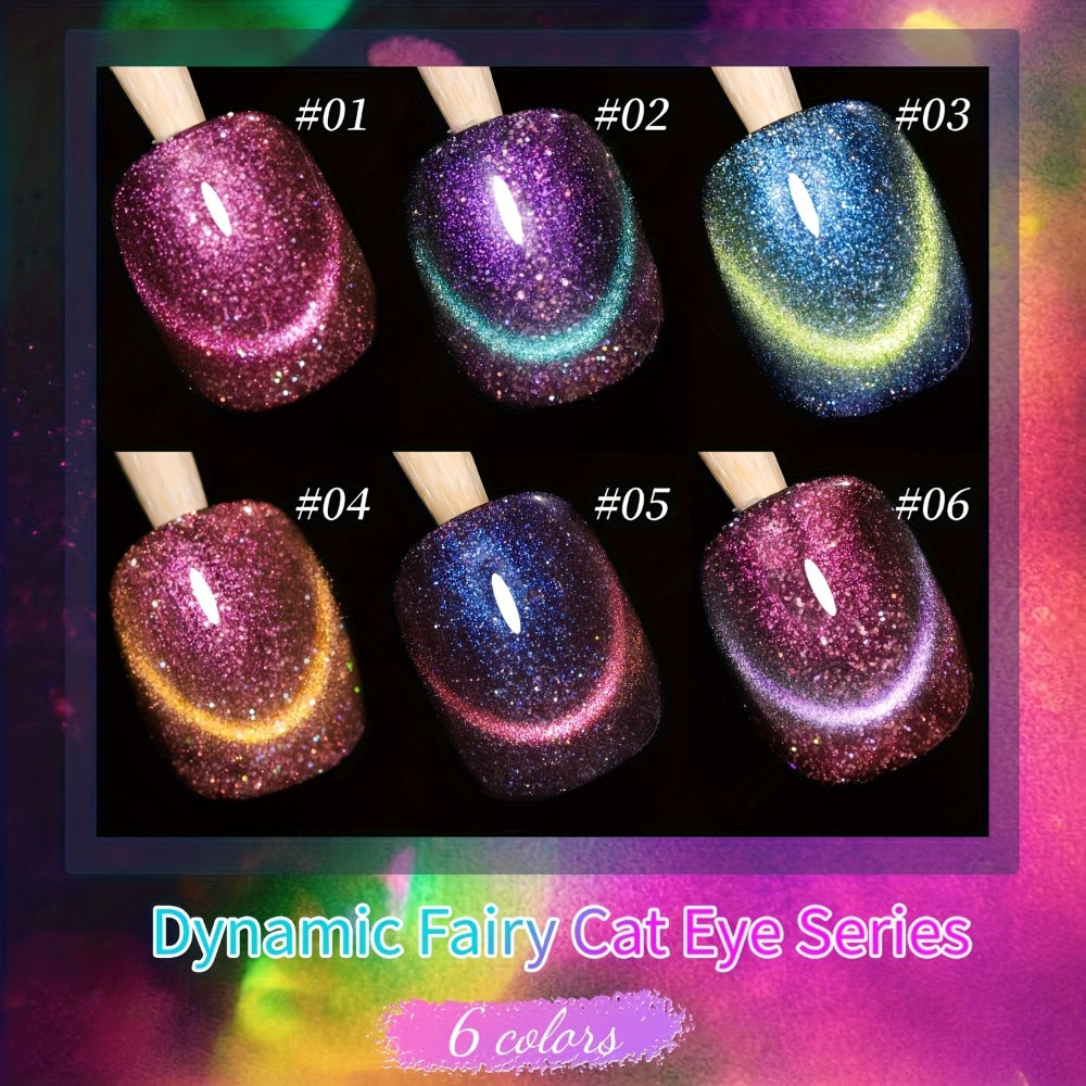 Cat Eye Gel Polish Set 6 Colors Holographic Magnetic – Dynamic Elf Reflective Soak Off UV LED Nail Gel 0.51oz Each | Multidimensional