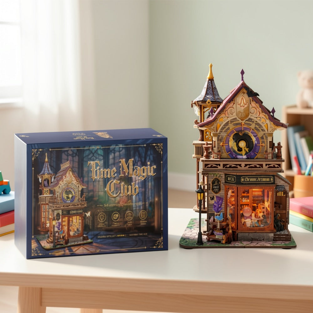 DIY Wood Miniature Bookhouse Model Kit SQ-71 Time Magic Club with Mechanical Link System – Adult Collector Dollhouse Display Piece