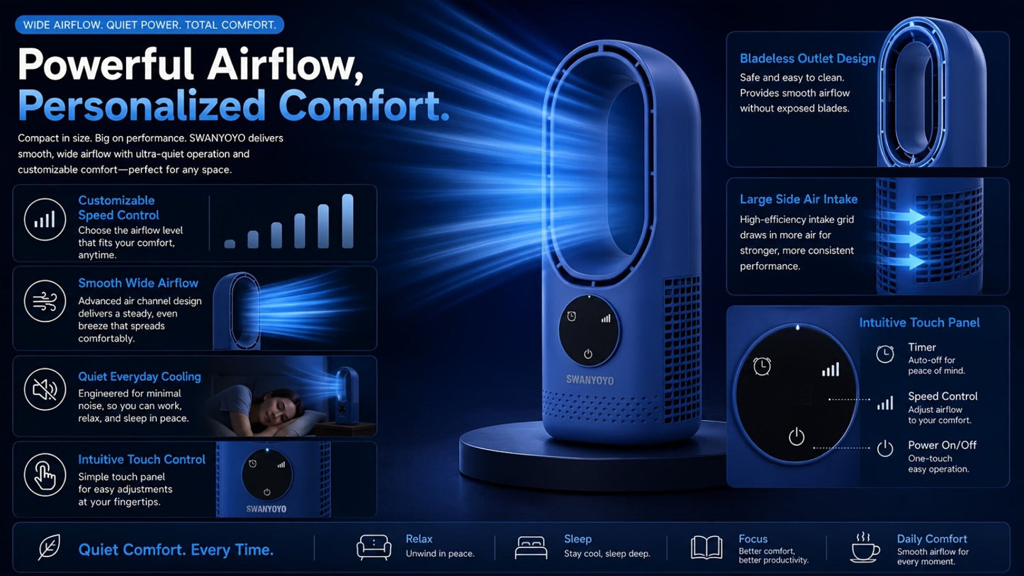 Portable Fan USB-Powered Bladeless Tower Model with Water Mist, Remote, Touch Controls and LED Light