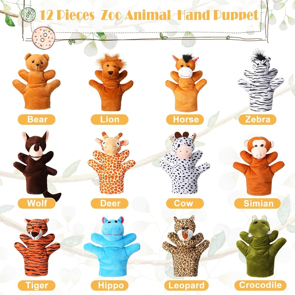 Twelve-Piece Zoo Animal Hand Puppet Set with Bear, Zebra, Lion, Giraffe, Hippo and More Designs