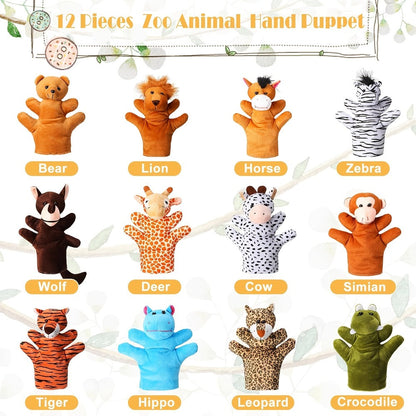 Twelve-Piece Zoo Animal Hand Puppet Set with Bear, Zebra, Lion, Giraffe, Hippo and More Designs