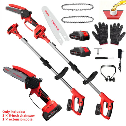 6-Inch Foldable Cordless Pole Saw with Two Chains, Red or Yellow Dual-Battery Packs and Black Option