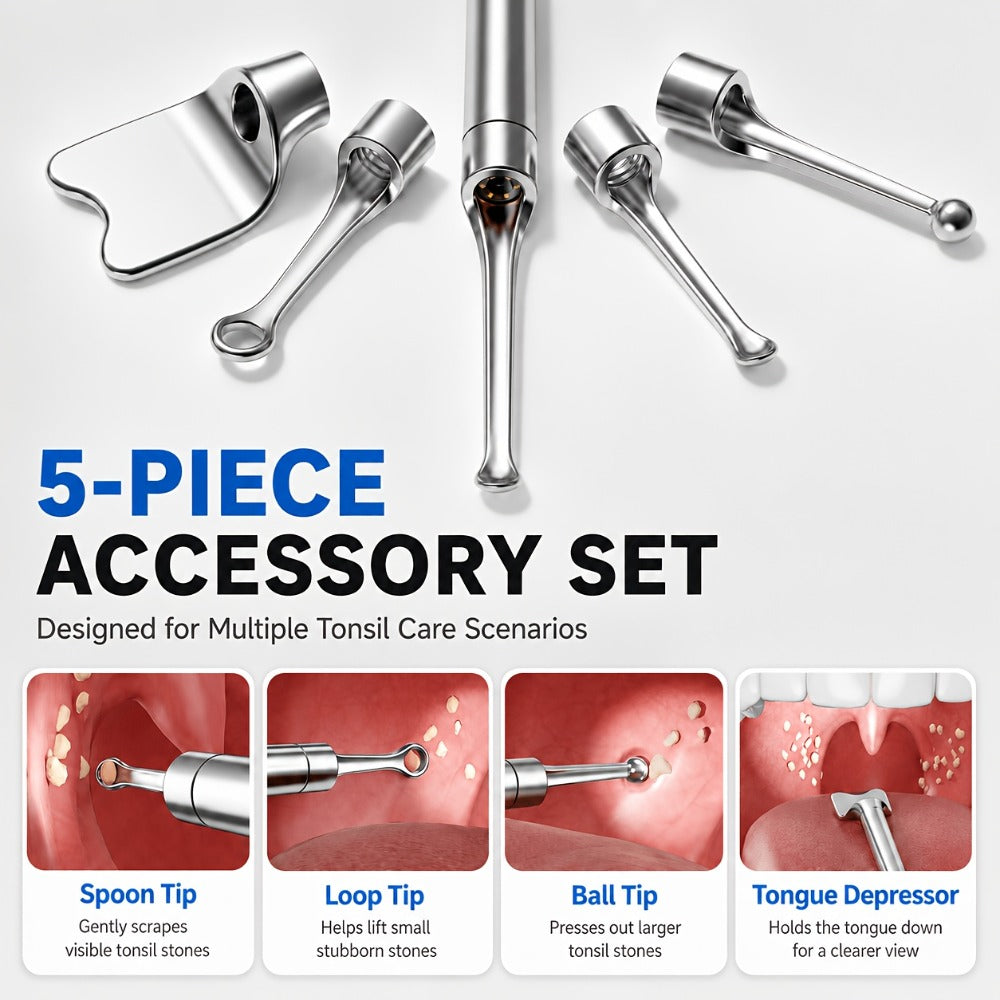 Tonsil Stone Remover with Camera - 1080P HD Visual Tonsil Stone Removal Tool with LED Light, 5-in-1 Stainless Steel Tips