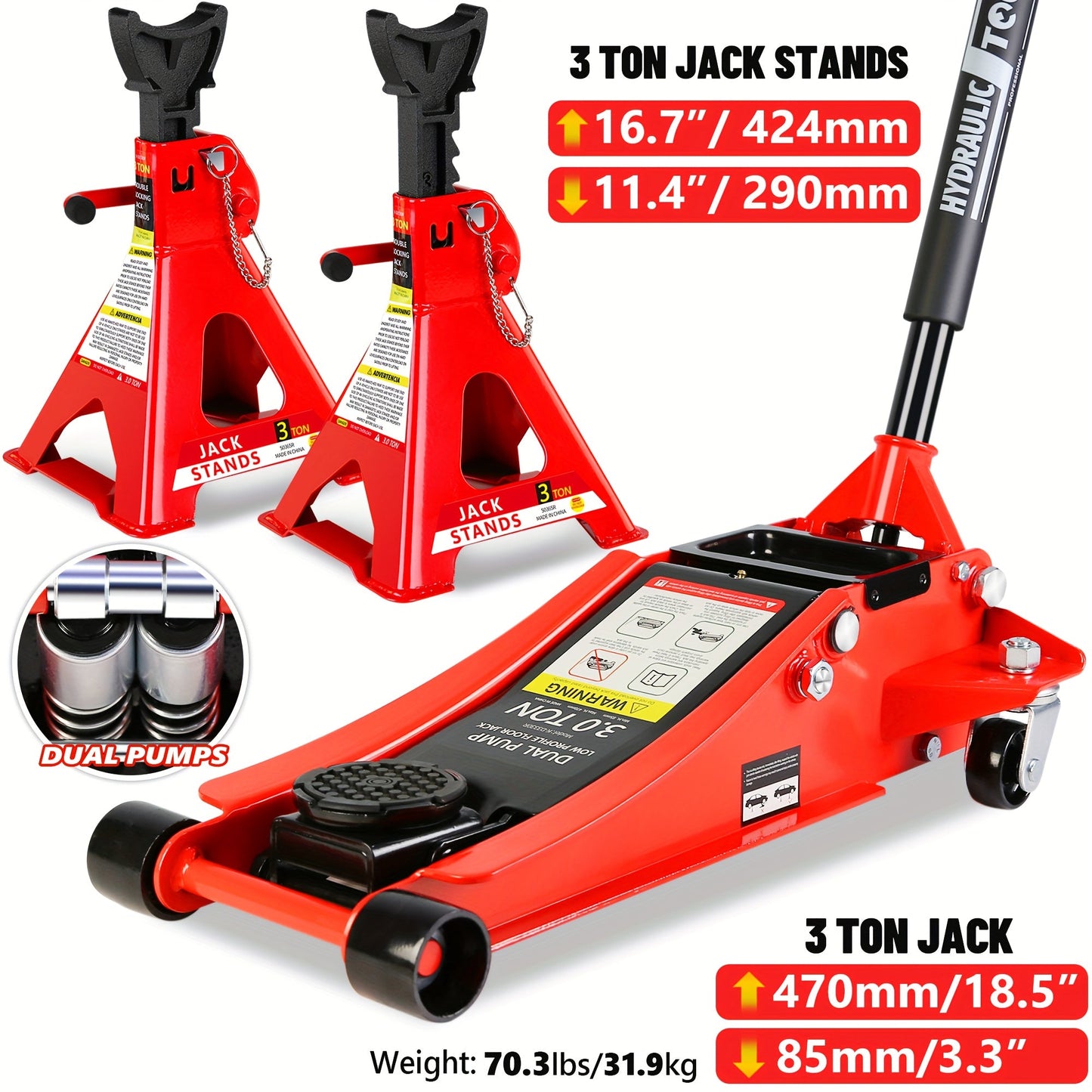 Hydraulic Floor Jack Kit 2/2.5/3 Ton Low Profile Trolley Jack with Jack Stands, Tire Repair Kit, Wheel Wrench & Wheel Chock Combo – Red/Blue