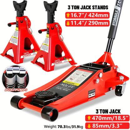Hydraulic Floor Jack Kit 2/2.5/3 Ton Low Profile Trolley Jack with Jack Stands, Tire Repair Kit, Wheel Wrench & Wheel Chock Combo – Red/Blue