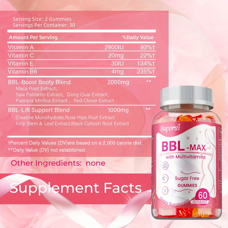 BBL Booty Gummies with Saw Palmetto & Wild Yam for Bath Time, Home Spa and Personal Care, with the Listed Configuration