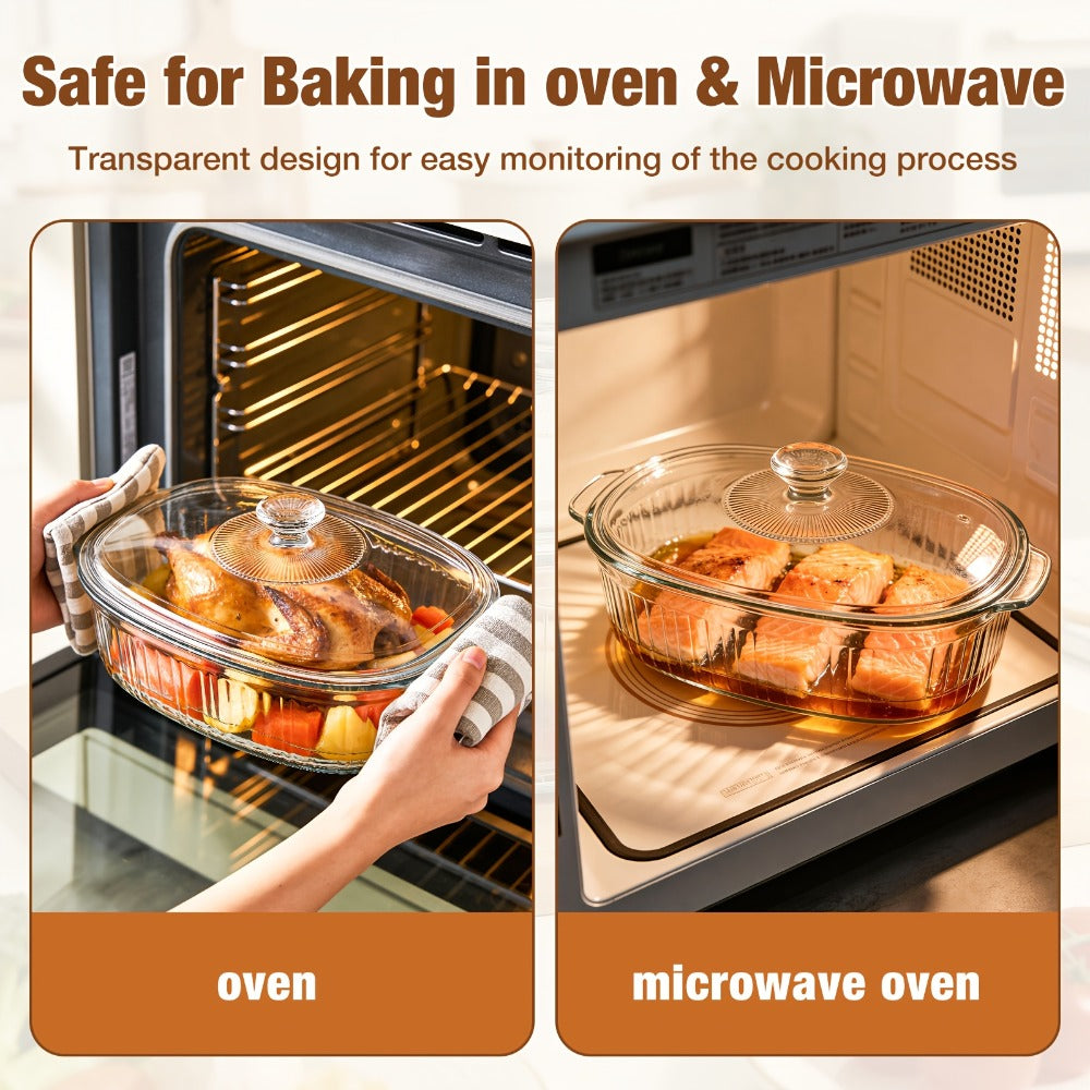 Borosilicate Glass Baking Dish with Lid 96oz, Oval Casserole Pan Microwave Oven Fridge Safe, Multi-Use for Baking