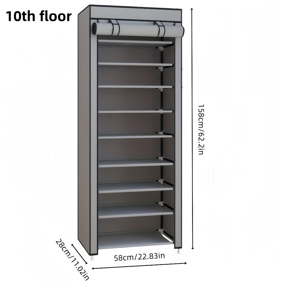 Shoe Rack 10-Tier Gray Portable Organizer for Up to 50 Pairs with Nonwoven Cover and Steel Frame