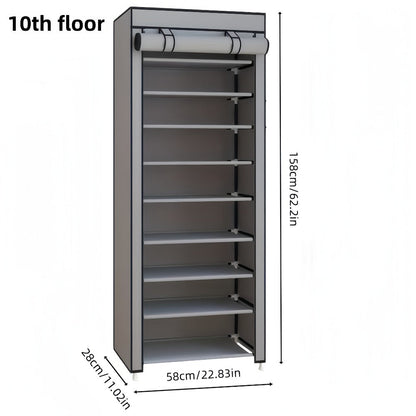 Shoe Rack 10-Tier Gray Portable Organizer for Up to 50 Pairs with Nonwoven Cover and Steel Frame