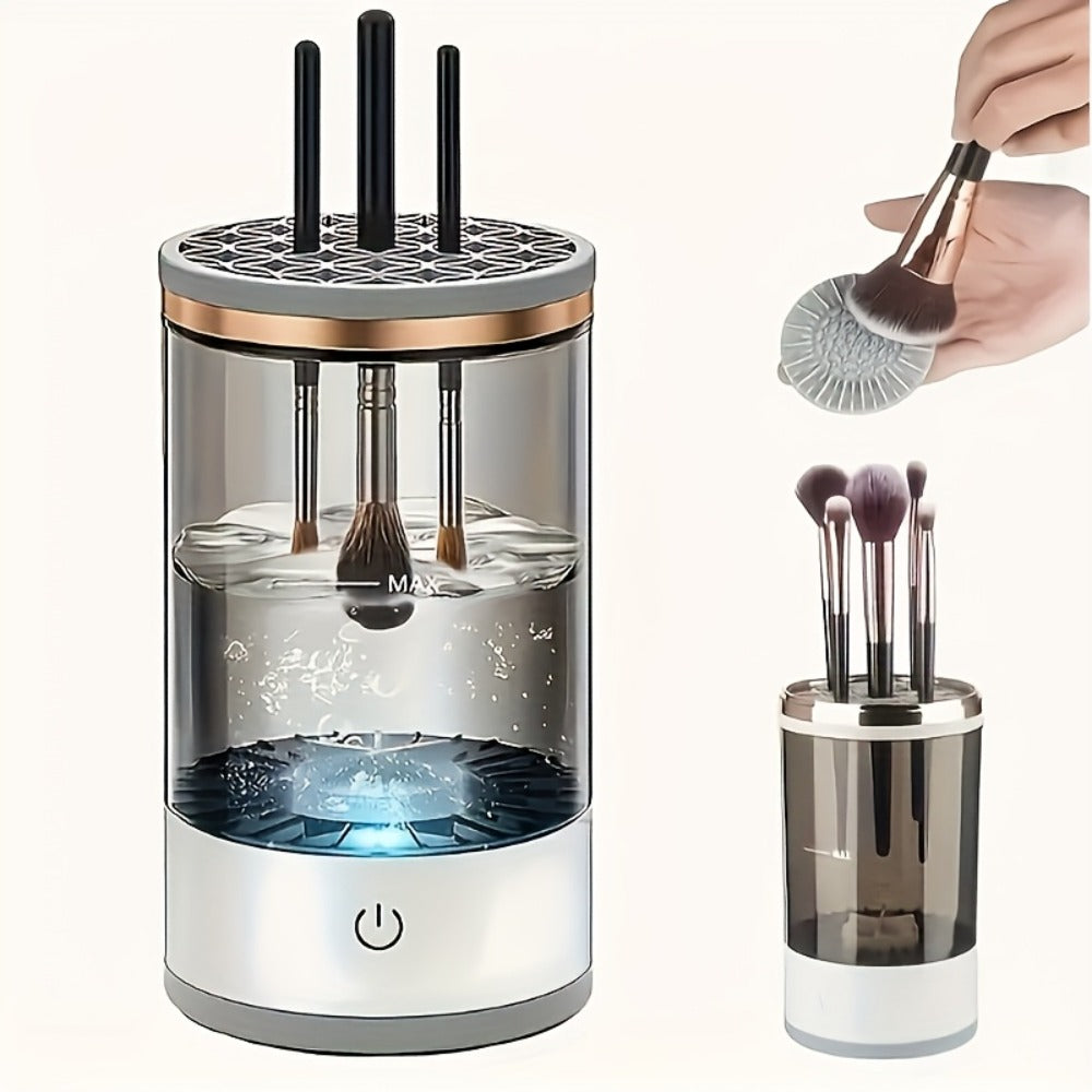 Electric Makeup Brush Cleaner & Dryer USB Powered Automatic Spinner Fast Drying Odorless Transparent Design Dual-Section Brush Holder Beauty