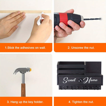 Key Holder for Wall with Drawer 8 Hooks, Rustic Wood Wall Mounted Key & Mail Organizer for Entryway