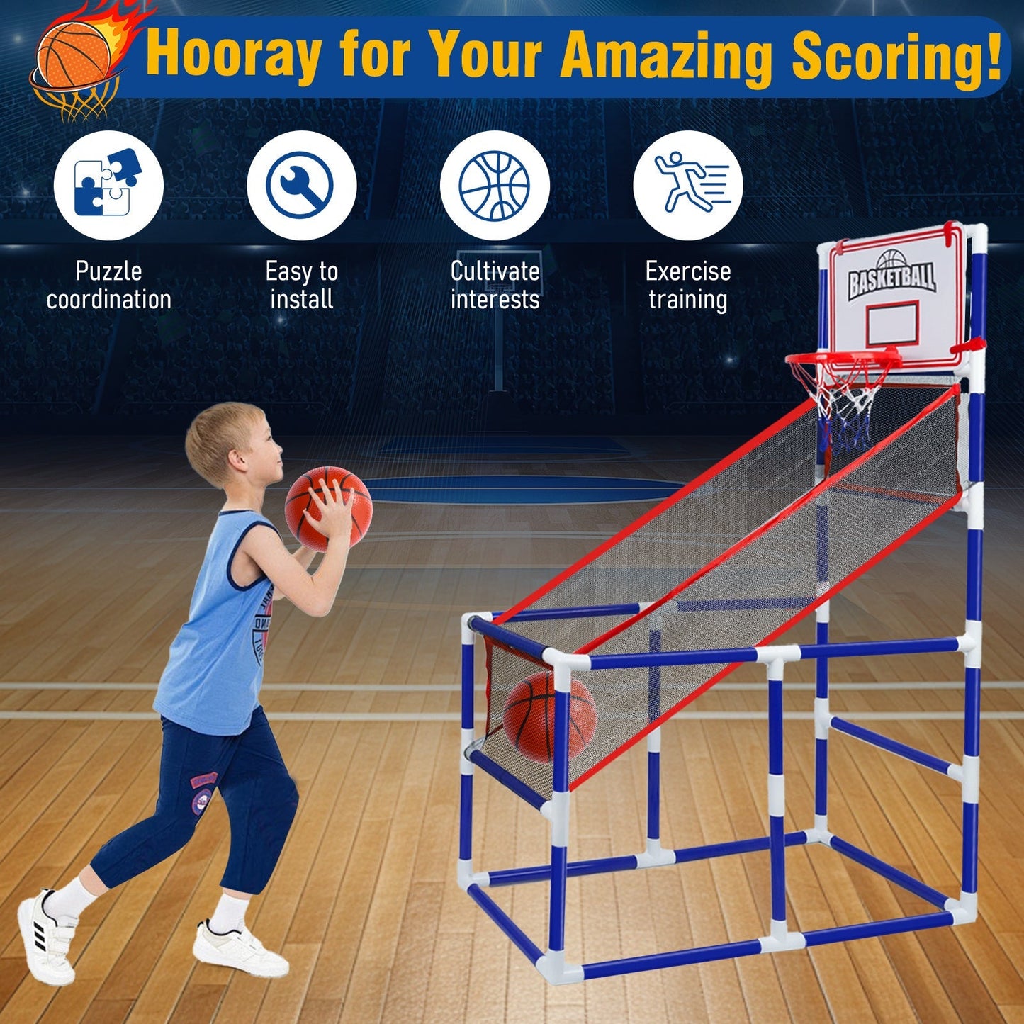 Kids Adjustable Basketball Hoop Set with 2 Balls & Storage – Indoor Outdoor Sport Toy for Ages 3–6, Thick PVC Frame | Best Birthday